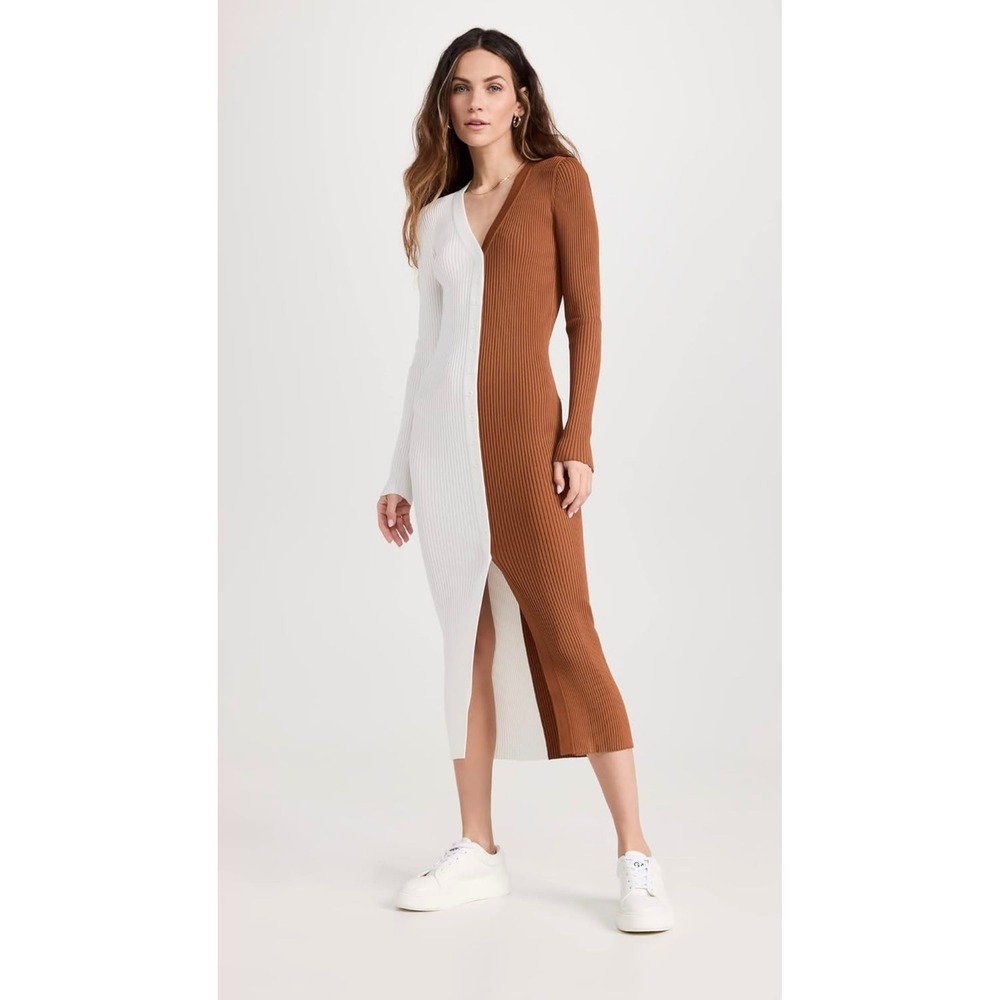 Staud Shoko Two-Tone Ribbed Knit Midi Dress Tan White Long Sleeve Sweater Dress